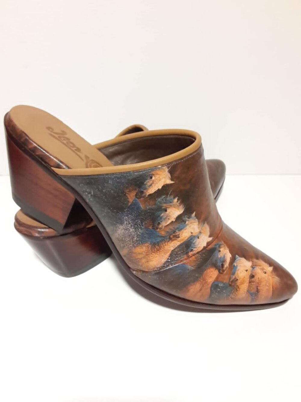 Icon Charging Horses Leather Mule Clog Heels Cowboy Western Tooled Art 9 NEW